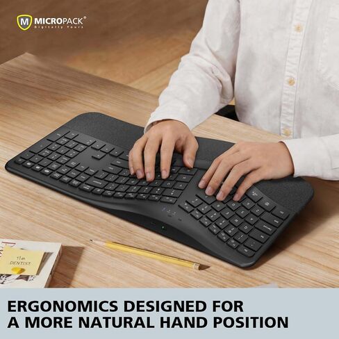 Micropack Split Ergonomic Keyboard Wireless, Multi Device Bluetooth & USB Receiver Connectivity, Rechargeable USB-C Silent Scissor Keys with Palm Support, Compatible with Mac PC Laptop Home Office in Saudi Arabia