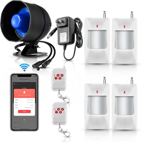 WiFi Alarm Home Security System, Wireless Alarm System with Loud 120dB Motion Sensor Siren, Window Door Alarms Sensor, Remote Control for Shed Garage(SetD) in Kuwait