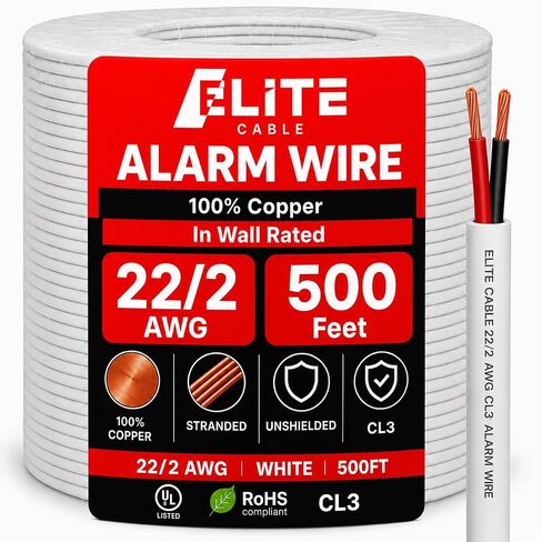 Elite 22-2 Solid Alarm Wire - 500ft, CL3, in Wall, OFC Oxygen Free Copper, UL Listed, Premium Alarm Cable, Low Voltage (White) in Kuwait