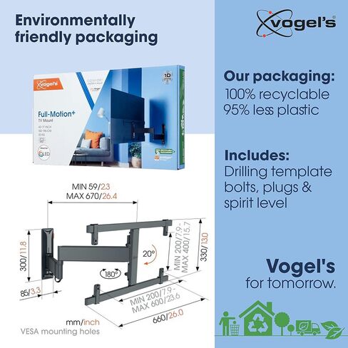Vogel's TVM 3665 full-motion OLED TV wall bracket for 40-77 inch TVs, Max. 77 lbs (35 kg), Swivels up to 180º, Full-Motion OLED TV wall mount, Max. VESA 600x400, Universal compatibility in Kuwait