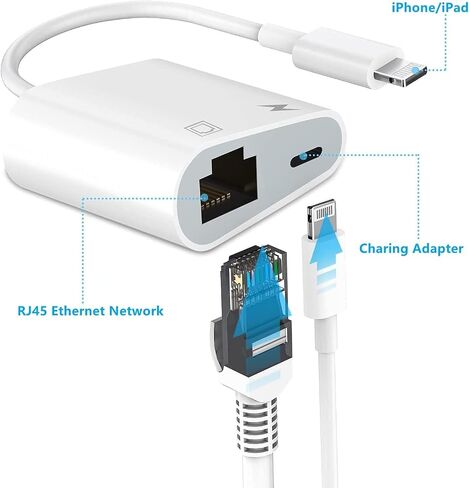 Lightning to Ethernet Adapter with Charging for iPhone/iPad [Apple MFi Certified] 2 in 1 RJ45 Ethernet High Speed iPhone LAN Network Adapter Support 100 Mbps Ethernet Network in Kuwait