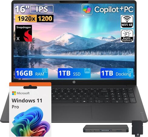 HP OmniBook 3 16" 2K AI Laptop, Snapdragon X X1-26-100, 16GB LPDDR5X, 2TB Storage (1TB SSD+1TB Docking Station), Qualcomm Adreno, Backlit Keyboard, FHD IR Camera, Wi-Fi 6E, Win 11 Pro, Iron Gray in Kuwait