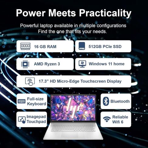HP 17.3" Pavilion Touchscreen Laptop | AMD Ryzen 3 Processor | 16GB DDR4 RAM | 512GB PCIe SSD | Full-Size Keyboard with Numeric Keypad | Windows 11 | Wi-Fi 6 | HDMI | Large Display for Work & Study in Kuwait