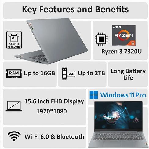 Lenovo 2026 New V15 Laptop for Student & Business, Powerful AMD Ryzen 3 7320U (Beat i7-1065G7), 15.6 inch FHD, 16GB RAM, 512GB SSD, Ethernet Port RJ-45, Windows 11 Pro, Long Battery Life in Saudi Arabia