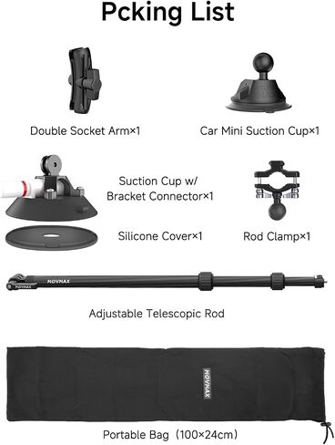 Movmax Suction Car Mount Kit with Invisible Selfie Stick, Compatible with Insta360 x5,x4, x3, x2，GoPro Max DJI OSMO 360, Adjustible Carbon Fiber Stick, Car Holder on Windshield Window/Hood/Top Roof in Kuwait