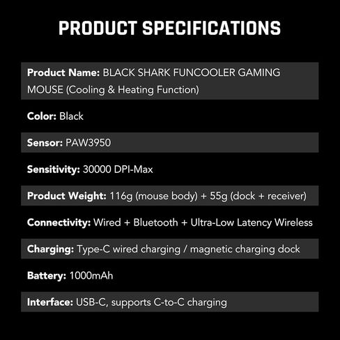 Black Shark Funcooler Wireless Gaming Mouse, Active Cooling & Heating, Dual 8KHz Polling Rate, 30K DPI Optical Sensor, Tri-Mode Wireless, Charging Dock, Ergonomic Right-Hand for PC/Mac in Saudi Arabia