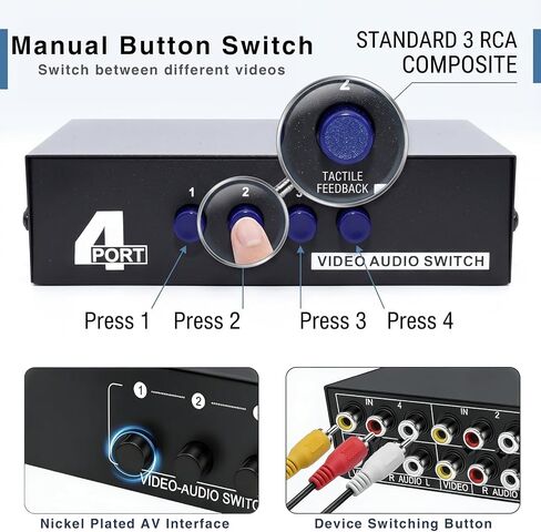 Duttek AV Switch Box,RCA Switcher,AV(3 RCA) Cable 4 in 1 Out Composite Video L/R Audio Selector Box for Wii, PS2, Xbox, DVD Player, STB, HDTV, No Power Required in Saudi Arabia