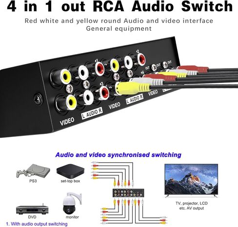 Duttek AV Switch Box,RCA Switcher,AV(3 RCA) Cable 4 in 1 Out Composite Video L/R Audio Selector Box for Wii, PS2, Xbox, DVD Player, STB, HDTV, No Power Required in Saudi Arabia