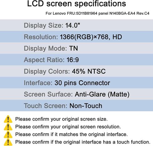 Replacement Screen for Lenovo 5D11B81964 N140BGA-EA4 Rev.C4 in Kuwait