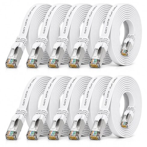 1aTTack.de Cat.7 Gigabit Ethernet LAN Flat Ribbon Cable (RJ45), Network Cable, Raw Cable, (10 Gbit/s) Installation Cable, Flat Slim Compatible with Cat. 5 - CAT. 5e - CAT. 6 White - 10 Pieces 0.5m in Kuwait