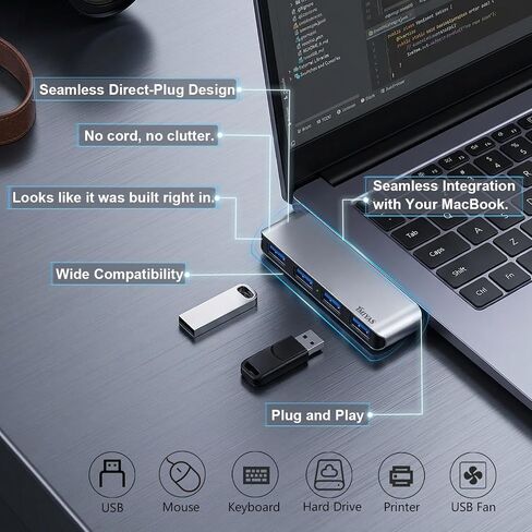 USB C to USB Hub with 4 USB 3.0 Ports for MacBook Pro/Air — Direct Plug USB Splitter for Laptop, Flush-Fit Cable-Free Design, Compatible with iMac Dell HP Surface in Kuwait