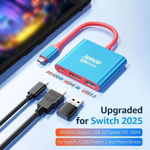 JEMDO Switch 2 HDMI Adapter Dock Station(3 Ports),4K@60Hz,HDMI 2.0 & 18Gbps,PD 100W & USB 3.0,Portable USB C to HDMI Travel Dock for TV Compatible with Nintendo Switch 2(Only Below V21.0.0)/OLED/2017 in Kuwait
