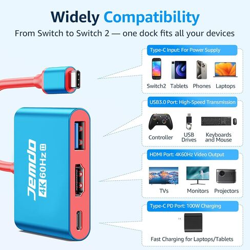 JEMDO Switch 2 HDMI Adapter Dock Station(3 Ports),4K@60Hz,HDMI 2.0 & 18Gbps,PD 100W & USB 3.0,Portable USB C to HDMI Travel Dock for TV Compatible with Nintendo Switch 2(Only Below V21.0.0)/OLED/2017 in Kuwait