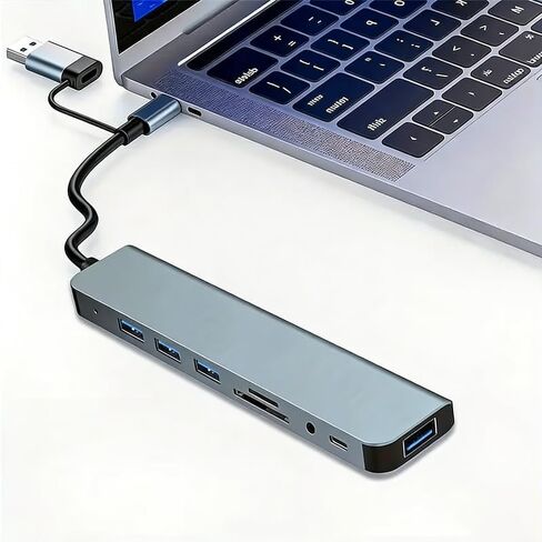 8-in-1 USB C Hub with SD, TF Card Reader, USB-A, B, C Ports and 3.5mm Audio Jack - Portable Aluminum Alloy Docking Station for Notebook Computers, Smart Phones, Tablet Computers, Smart TVs in Kuwait