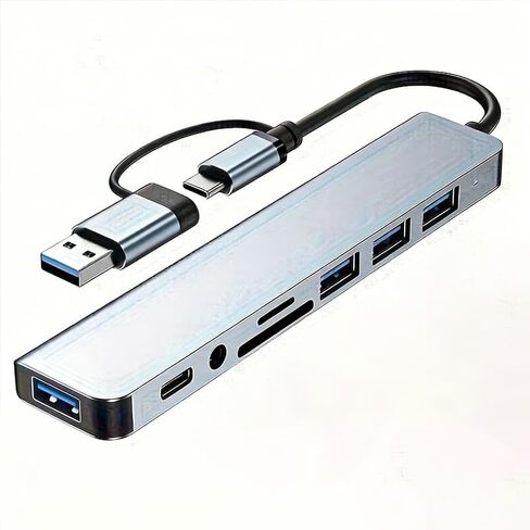 8-in-1 USB C Hub with SD, TF Card Reader, USB-A, B, C Ports and 3.5mm Audio Jack - Portable Aluminum Alloy Docking Station for Notebook Computers, Smart Phones, Tablet Computers, Smart TVs in Kuwait