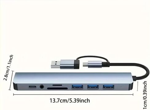 8-in-1 USB C Hub with SD, TF Card Reader, USB-A, B, C Ports and 3.5mm Audio Jack - Portable Aluminum Alloy Docking Station for Notebook Computers, Smart Phones, Tablet Computers, Smart TVs in Kuwait