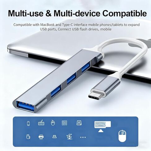1-Pcs USB C to USB Hub Multiport Adapter,4 Port Adapter for Laptop Desktop and PC Expansion - Grey in Kuwait