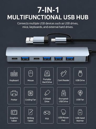 USB C Hub Multiport Adapter,USB 3.0 Hub with SD TF Card Reader and Audio Port,Portable USB Splitter for Laptop Tablet Desktop in Kuwait
