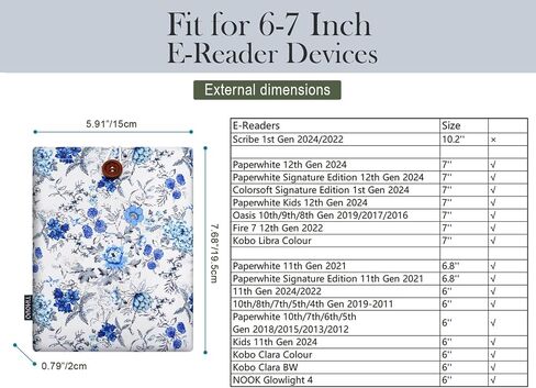TiMOVO 6-7 Inch eReader Sleeve, White Blue Floral in Kuwait