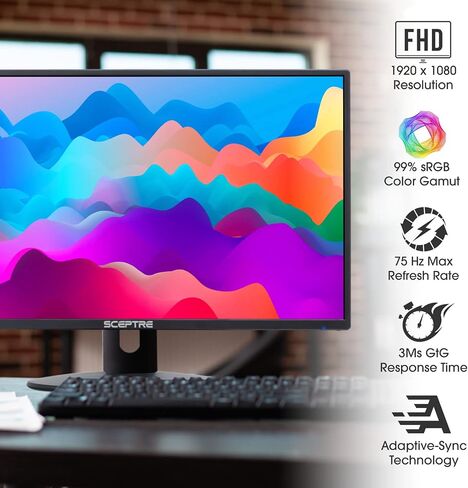 Sceptre E249W-19203R 24-inch FHD LED Gaming Monitor 2X HDMI VGA 75Hz Build-in Speakers, Machine Black in Kuwait