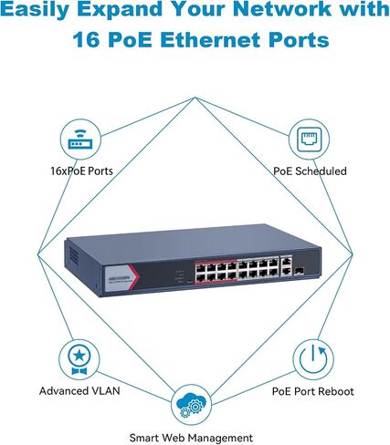 DS-3E1318P-EI/M HIKVIS0N_16 Port Gigabit PoE Switch 16 PoE+ Ports @130 W, 1 × Gigabit RJ45 Port,1 × Gigabit Combo, Plug & Play, Support 802.1Q VLAN, PoE Auto Recovery, Metal Material in Kuwait