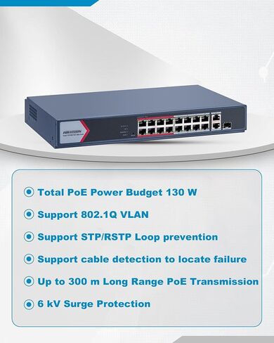 DS-3E1318P-EI/M HIKVIS0N_16 Port Gigabit PoE Switch 16 PoE+ Ports @130 W, 1 × Gigabit RJ45 Port,1 × Gigabit Combo, Plug & Play, Support 802.1Q VLAN, PoE Auto Recovery, Metal Material in Kuwait