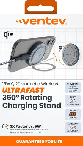 Ventev 15W Qi2 Magnetic Wireless Charging Stand, Ultrafast 360 Rotating Desk Charger Mount, Fast Charge Docking Station with USB C Cable, Compatible with iPhone 15 14 13, MagSafe Devices - Silver in Kuwait