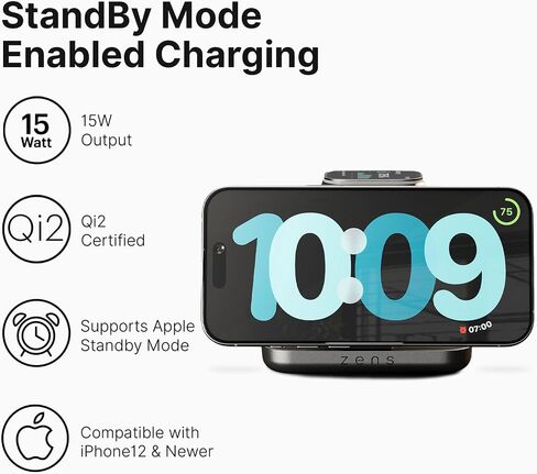 Zens Nightstand Charger Pro 2 | MagSafe Qi2 + Apple Watch Fast Charge | Wireless Charging Station | Standby Mode | iPhone 17/16/15/14/13/12 | 45W Adapter| Black in Kuwait