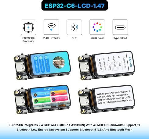 LAFVIN ESP32-C6 Development Board with 1.47inch 172×320 262K LCD Display, 2.4GHz Wi-Fi 6, Bluetooth 5.3, 160MHz Single-Core Processor in Kuwait