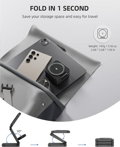 Foldable 3 in 1 Wireless Charging Station for Samsung, KU XIU X55 Ultra Magnetic Travel Charger Stand for Galaxy S24 Ultra S23 S22 Note 20 Z Fold Flip 6 5, Galaxy Watch Ultra 7 6 5, Galaxy Buds, Black in Kuwait