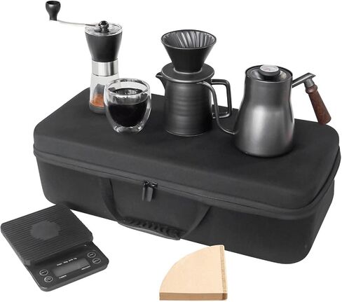 SOTECH Pour Over Coffee Maker Set, Coffee Kettle Scale, Pour Over Coffee Dripper, Bean Grinder, Glass Server, Drip Cup, Filter Paper, All in 1, Traveling Camping Hiking in Kuwait