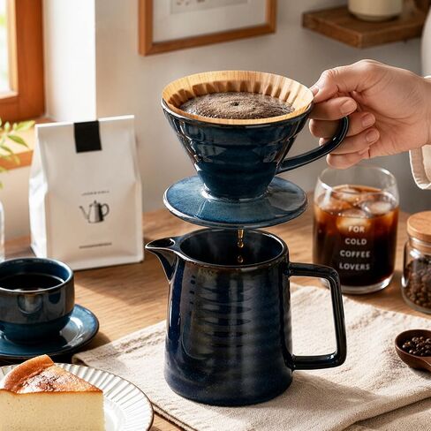 Pour Over Coffee Maker, Ceramic Coffee Dripper Set with 40pcs Paper Filters, 15oz/450ml Capacity, Unique Starry Blue Glaze, Compact Size 3.58" x 4.47" x 3.70" for Home Office or Gift in Kuwait