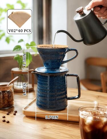 Pour Over Coffee Maker, Ceramic Coffee Dripper Set with 40pcs Paper Filters, 15oz/450ml Capacity, Unique Starry Blue Glaze, Compact Size 3.58" x 4.47" x 3.70" for Home Office or Gift in Kuwait