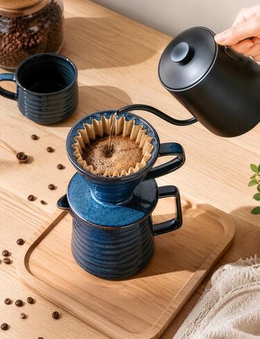 Pour Over Coffee Maker, Ceramic Coffee Dripper Set with 40pcs Paper Filters, 15oz/450ml Capacity, Unique Starry Blue Glaze, Compact Size 3.58" x 4.47" x 3.70" for Home Office or Gift in Kuwait