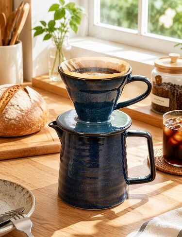 Pour Over Coffee Maker, Ceramic Coffee Dripper Set with 40pcs Paper Filters, 15oz/450ml Capacity, Unique Starry Blue Glaze, Compact Size 3.58" x 4.47" x 3.70" for Home Office or Gift in Kuwait