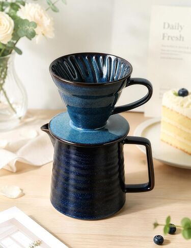 Pour Over Coffee Maker, Ceramic Coffee Dripper Set with 40pcs Paper Filters, 15oz/450ml Capacity, Unique Starry Blue Glaze, Compact Size 3.58" x 4.47" x 3.70" for Home Office or Gift in Kuwait