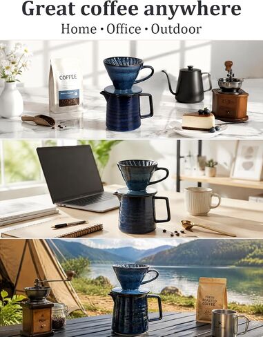 Pour Over Coffee Maker, Ceramic Coffee Dripper Set with 40pcs Paper Filters, 15oz/450ml Capacity, Unique Starry Blue Glaze, Compact Size 3.58" x 4.47" x 3.70" for Home Office or Gift in Kuwait