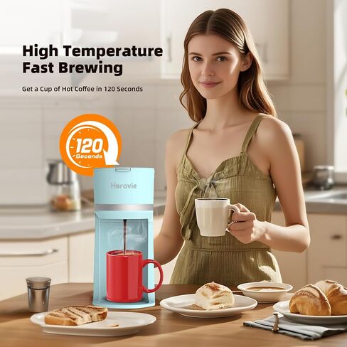 Horavie Mini Single Serve Coffee Maker for K-Cup Pod and Ground Coffee, Fast Brew One Cup Coffee Machine with Descaling Reminder and Water Window, 6 to 12 oz. Brew Sizes, Light Blue in Kuwait