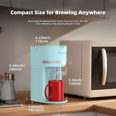 Horavie Mini Single Serve Coffee Maker for K-Cup Pod and Ground Coffee, Fast Brew One Cup Coffee Machine with Descaling Reminder and Water Window, 6 to 12 oz. Brew Sizes, Light Blue in Kuwait