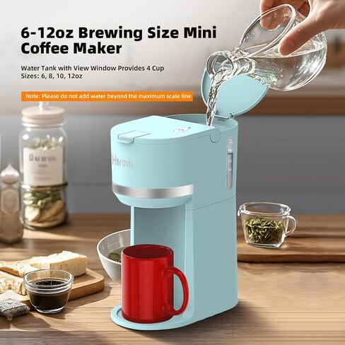 Horavie Mini Single Serve Coffee Maker for K-Cup Pod and Ground Coffee, Fast Brew One Cup Coffee Machine with Descaling Reminder and Water Window, 6 to 12 oz. Brew Sizes, Light Blue in Kuwait