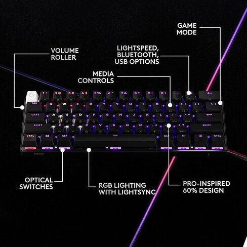 Logitech G PRO X 60 Lightspeed Wireless Gaming Keyboard, Ultra Compact TKL 60% Mechanical Keyboard for Windows PC, LIGHTSYNC RGB, Dual-Shot PBT Keycaps, GX Optical Tactile Switches - Black (Renewed) in Kuwait