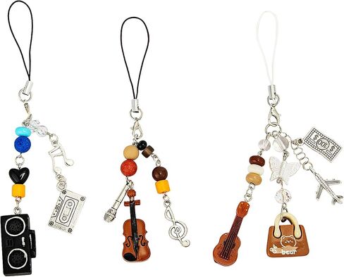 3 pcs Y2K Cute Cell Phone Charm Accessories Aesthetic Music Art Guitar Microphone Bead,Keychain Bag Decor Strap for Women Girl in Kuwait