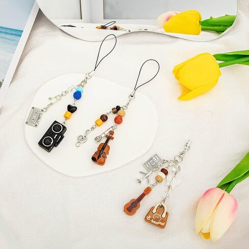 3 pcs Y2K Cute Cell Phone Charm Accessories Aesthetic Music Art Guitar Microphone Bead,Keychain Bag Decor Strap for Women Girl in Kuwait