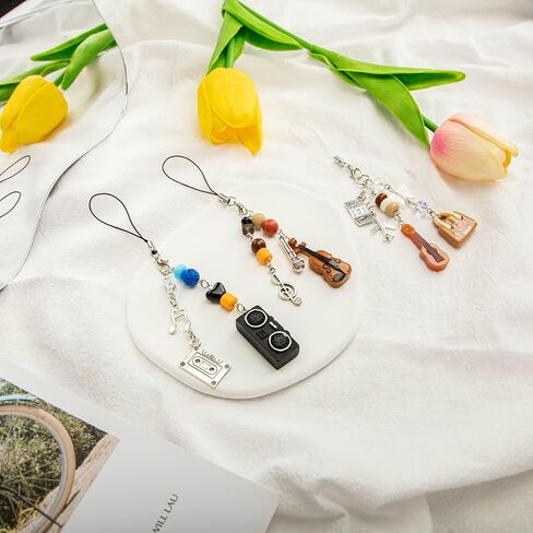 3 pcs Y2K Cute Cell Phone Charm Accessories Aesthetic Music Art Guitar Microphone Bead,Keychain Bag Decor Strap for Women Girl in Kuwait