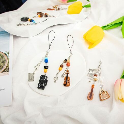 3 pcs Y2K Cute Cell Phone Charm Accessories Aesthetic Music Art Guitar Microphone Bead,Keychain Bag Decor Strap for Women Girl in Kuwait