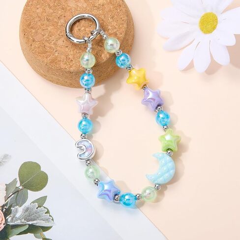 Ornaland Cute Beaded Phone Wrist Strap Acrylic Cell Phone Charm Wristlet Moon and Five Pointed Star Suitable for Camera Keychains Bags Wallets and Pendant Decorations in Kuwait