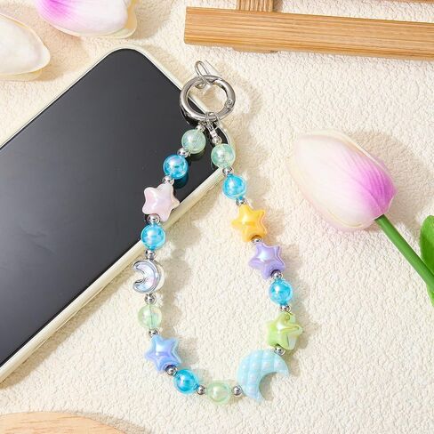Ornaland Cute Beaded Phone Wrist Strap Acrylic Cell Phone Charm Wristlet Moon and Five Pointed Star Suitable for Camera Keychains Bags Wallets and Pendant Decorations in Kuwait