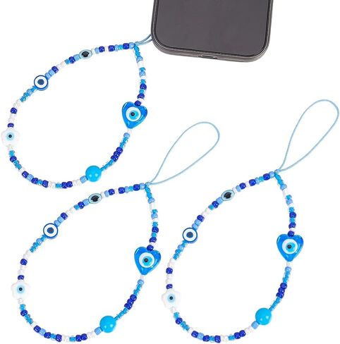 3Pcs Beaded Phone Charm Blue Evil Eye Phone Charm Strap Evil Eye Lanyard Wrist Strap Cellphone Pendants Accessories Lanyards String for Phones Bag Keychain Airpods Camera Wallet Decor in Kuwait