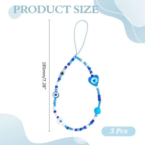3Pcs Beaded Phone Charm Blue Evil Eye Phone Charm Strap Evil Eye Lanyard Wrist Strap Cellphone Pendants Accessories Lanyards String for Phones Bag Keychain Airpods Camera Wallet Decor in Kuwait