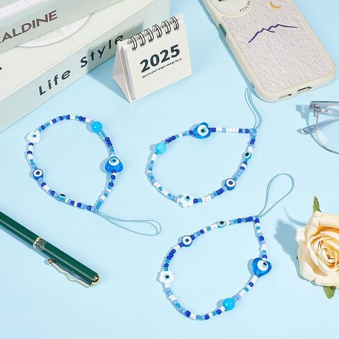 3Pcs Beaded Phone Charm Blue Evil Eye Phone Charm Strap Evil Eye Lanyard Wrist Strap Cellphone Pendants Accessories Lanyards String for Phones Bag Keychain Airpods Camera Wallet Decor in Kuwait